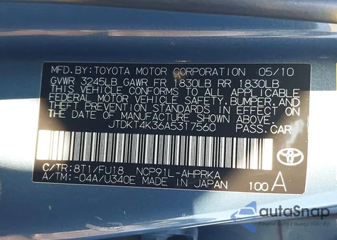 2010 Toyota Yaris из США, поврежденный, VIN JTDKT4K36A5317560